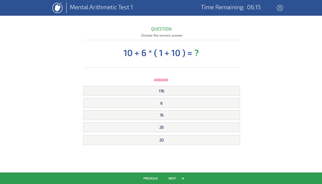 Mental Arithmetic Test Example